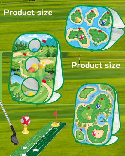 4 in 1 Kids Golf Games Set Golf Putting Practice Mat 3-Sided Golf Chipping Net with Club Kid Adults Multiple Modes Golf Practice