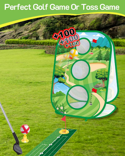 4 in 1 Kids Golf Games Set Golf Putting Practice Mat 3-Sided Golf Chipping Net with Club Kid Adults Multiple Modes Golf Practice